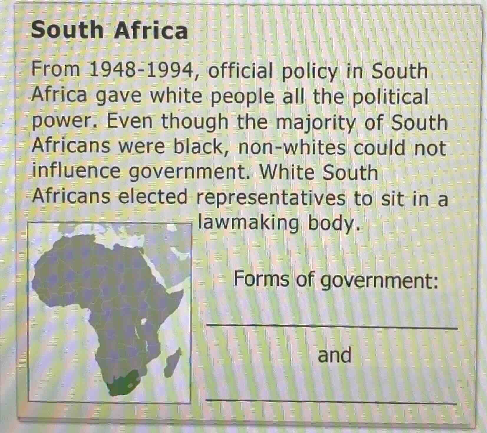 south africa from 1948-1994, official policy in south africa gave white…