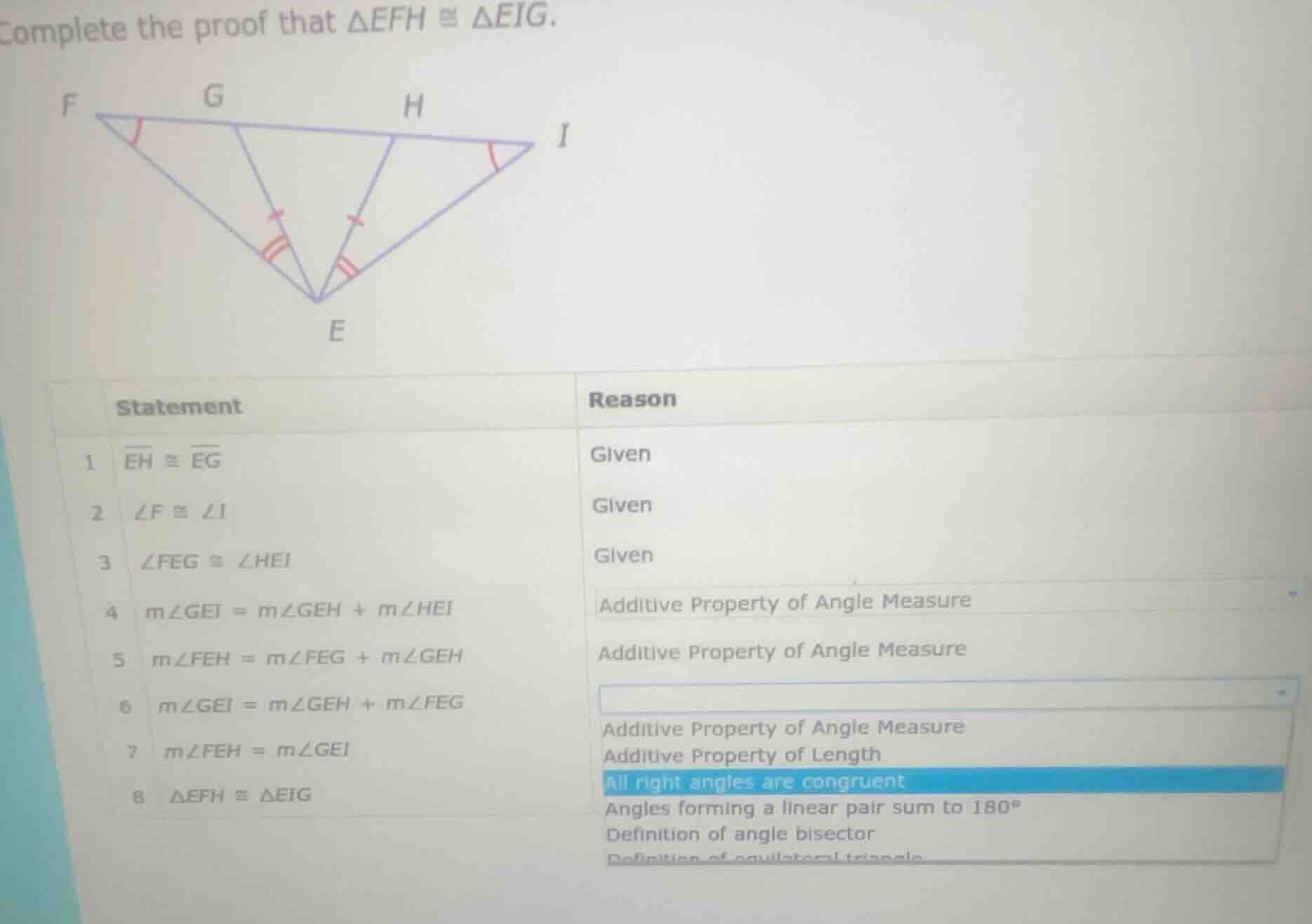 complete the proof that $\\triangle efh \\cong \\triangle eig$. (image …