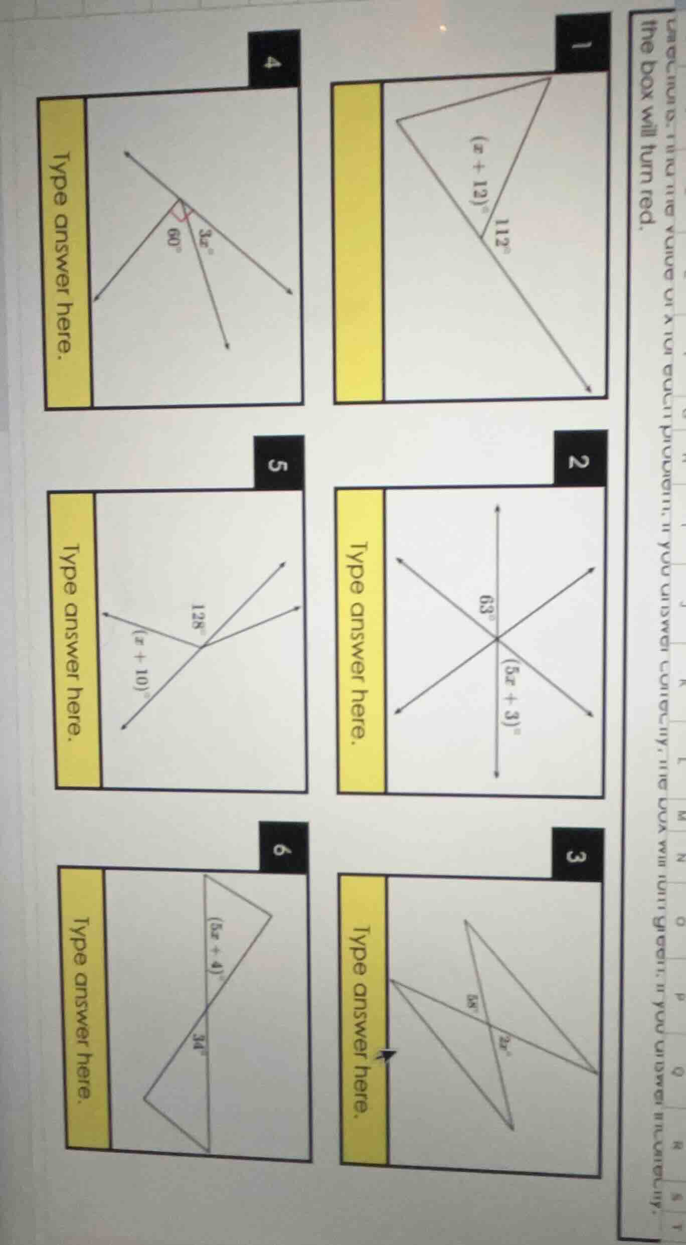 1 type answer here. (x + 13)° 112° 2 type answer here. 63° (5x + 3)° 3 …