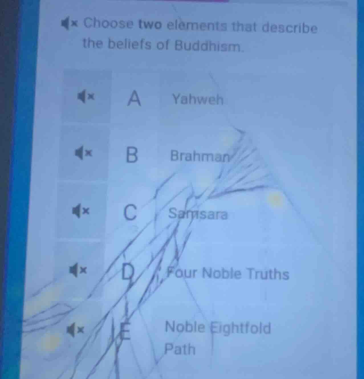choose two elements that describe the beliefs of buddhism. a yahweh b b…
