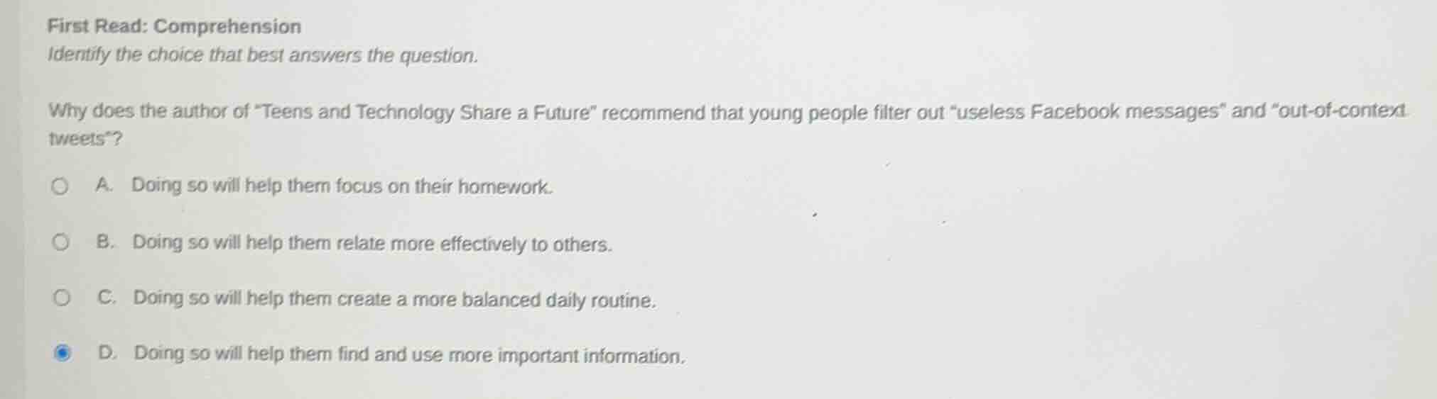 first read: comprehension identify the choice that best answers the que…