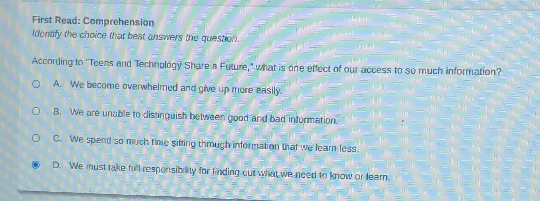 first read: comprehension identify the choice that best answers the que…