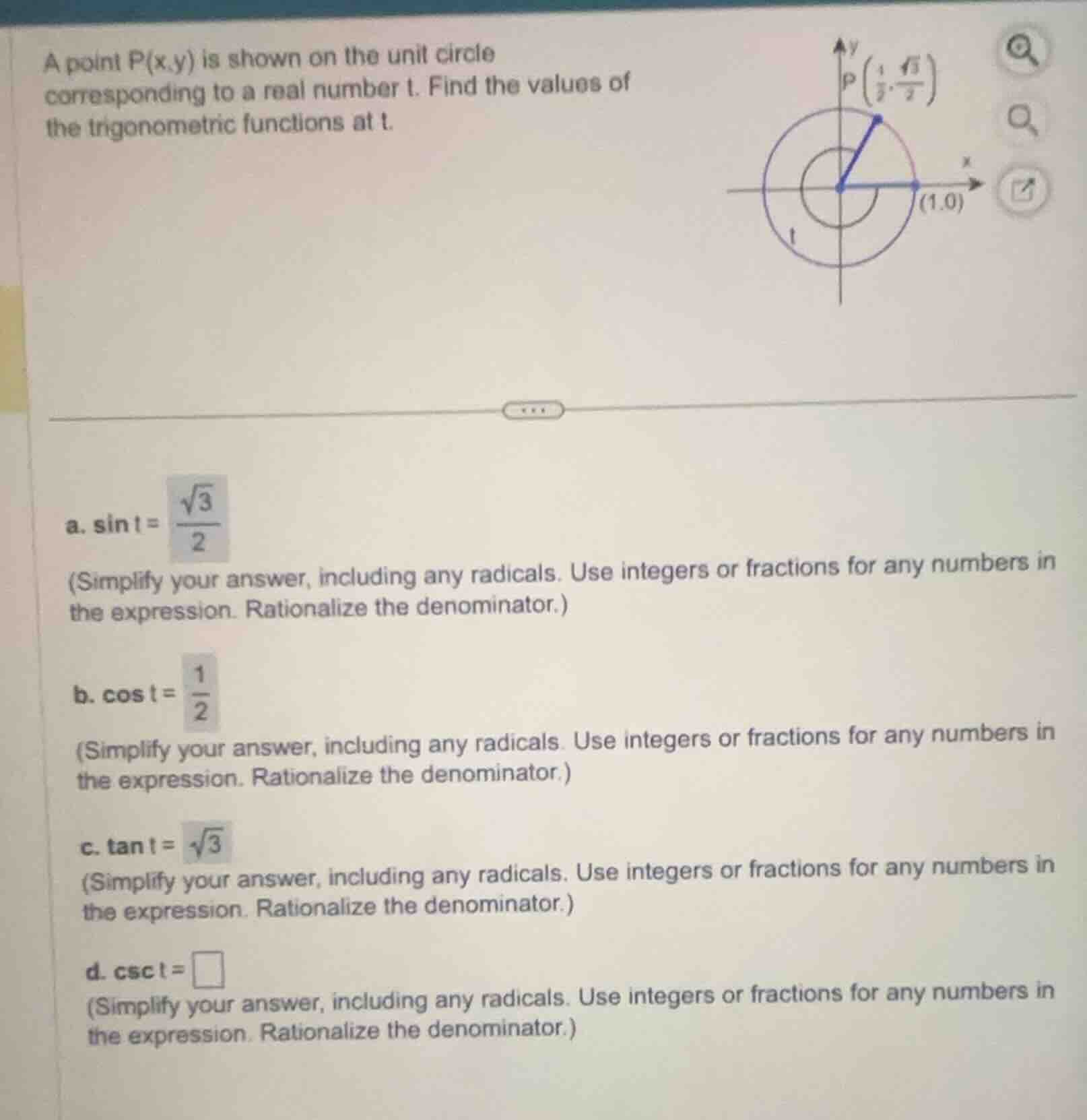 a point p(x,y) is shown on the unit circle corresponding to a real numb…