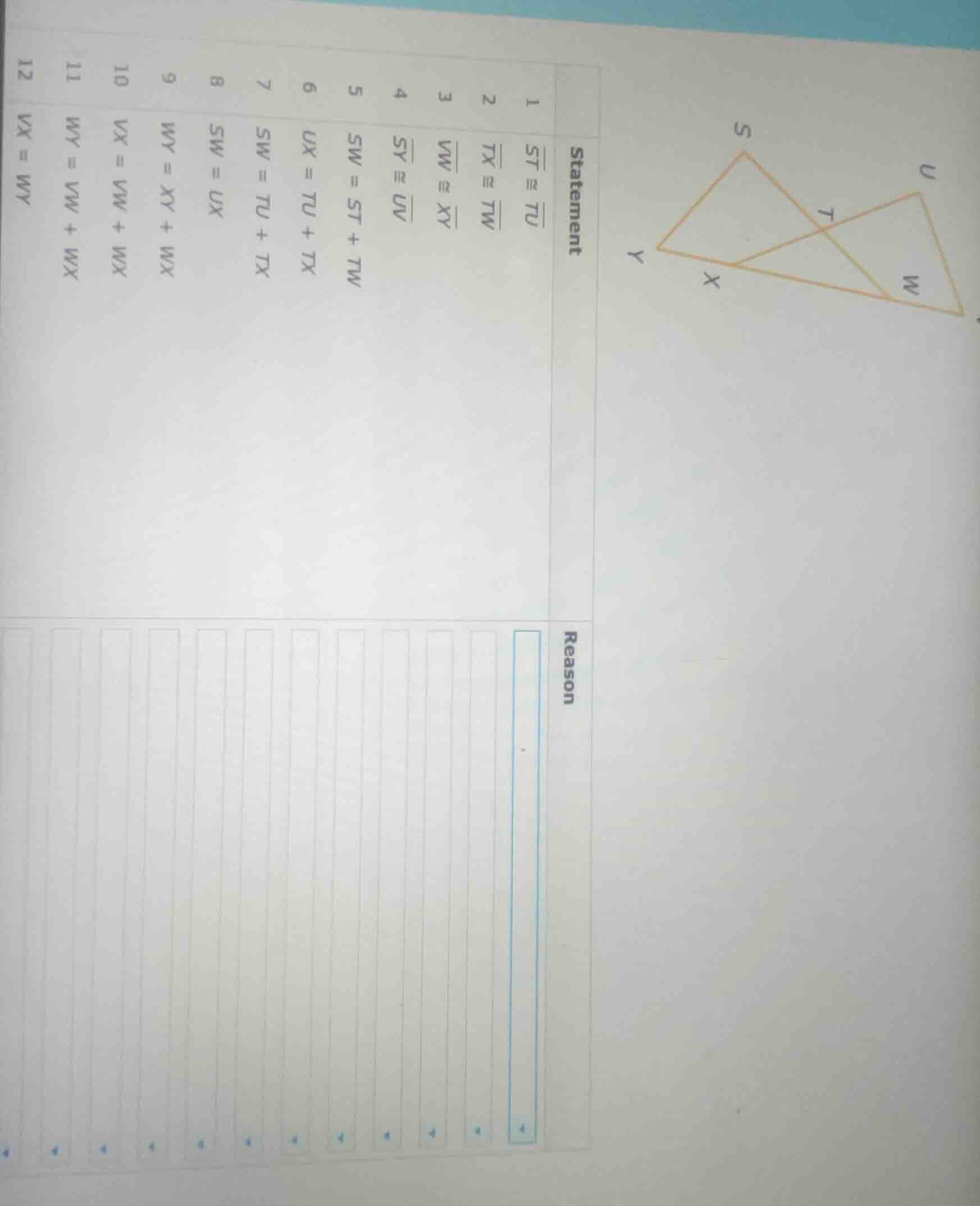 statement: 1. (overline{st} cong overline{tu}) 2. (overline{tx} cong ov…