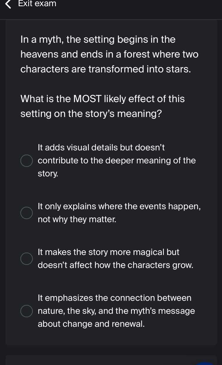 in a myth, the setting begins in the heavens and ends in a forest where…