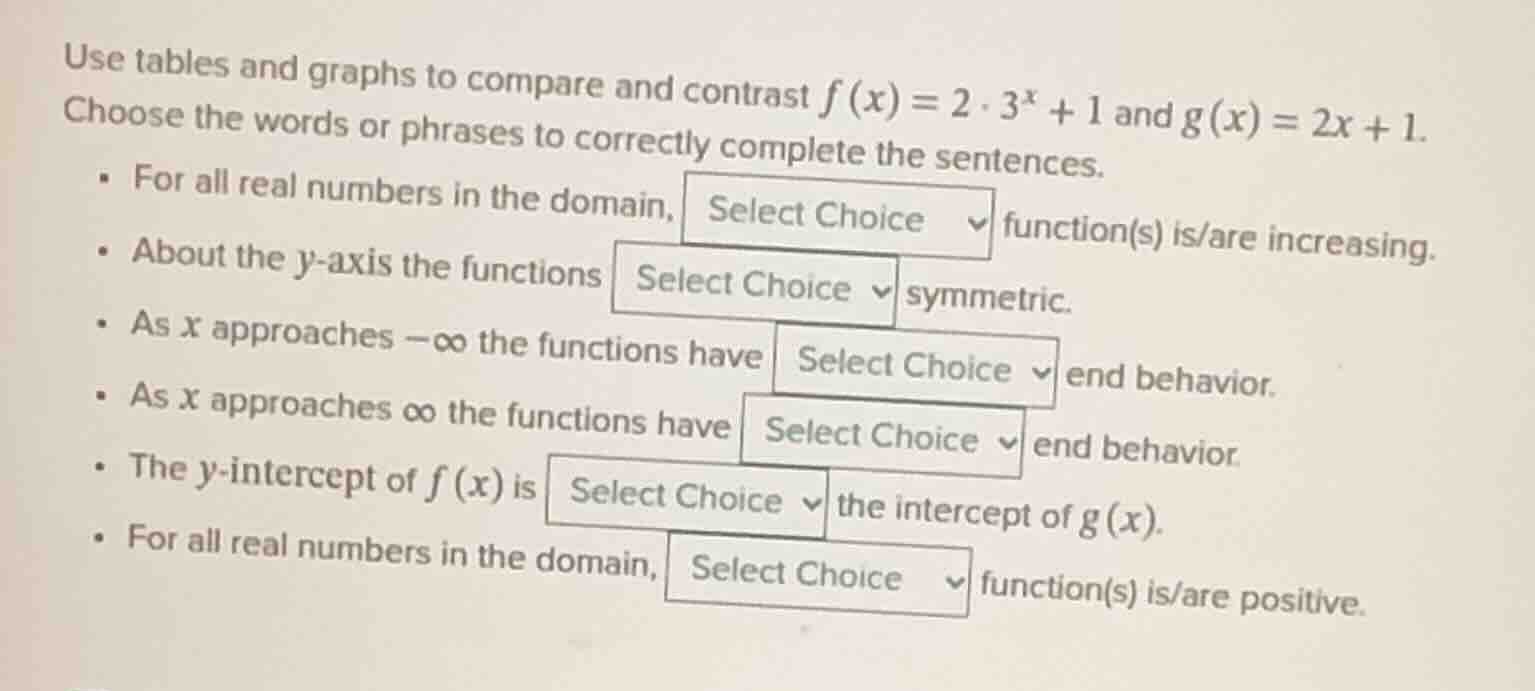 use tables and graphs to compare and contrast $f(x) = 2 \\cdot 3^x + 1$…