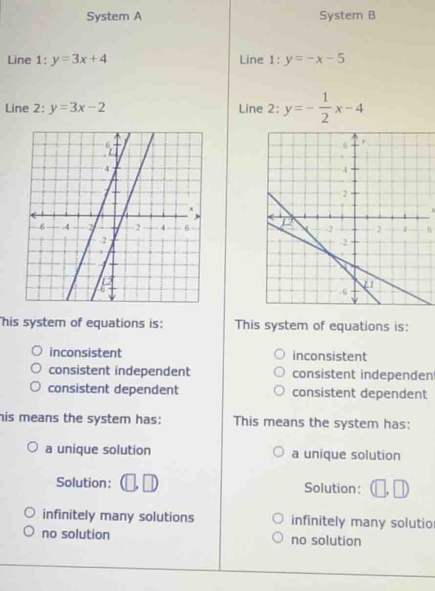 system a line 1: $y = 3x + 4$ line 2: $y = 3x - 2$ graph of two lines t…