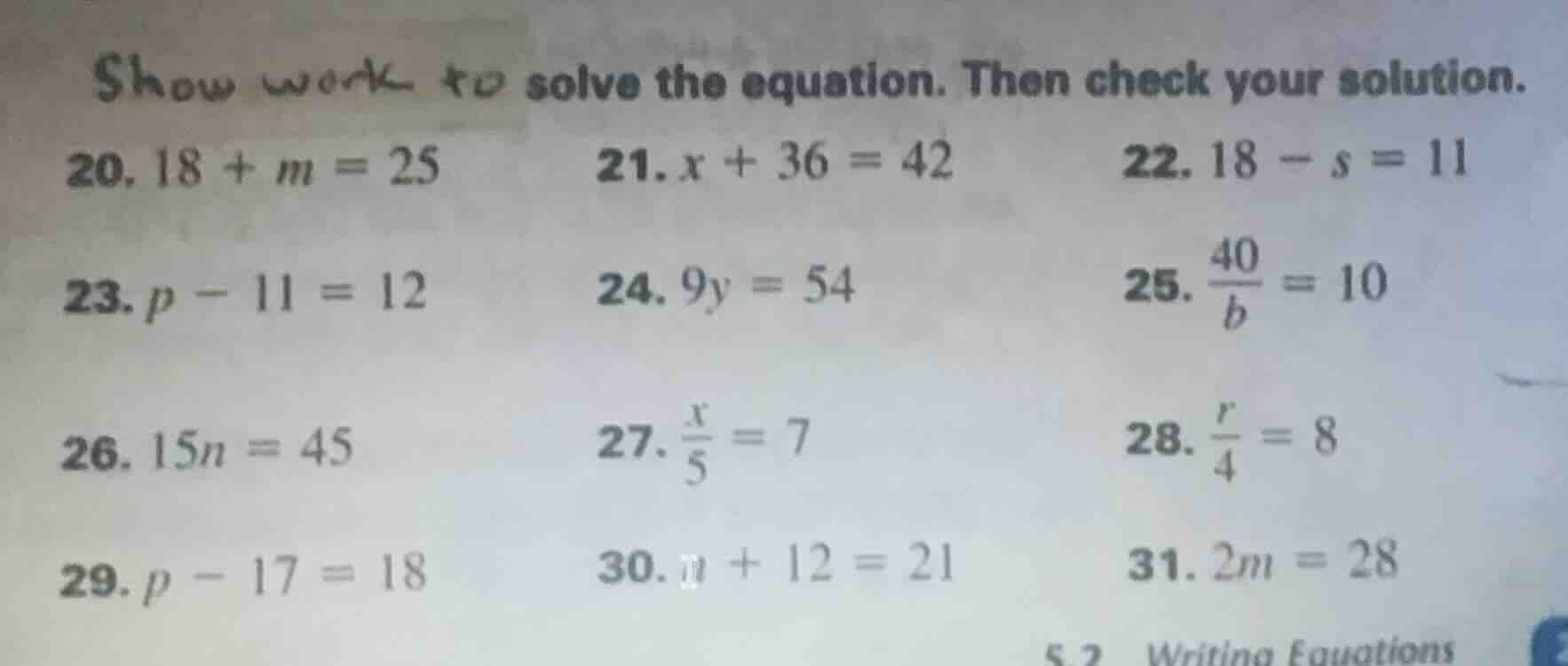 show work to solve the equation. then check your solution. 20. $18 + m …