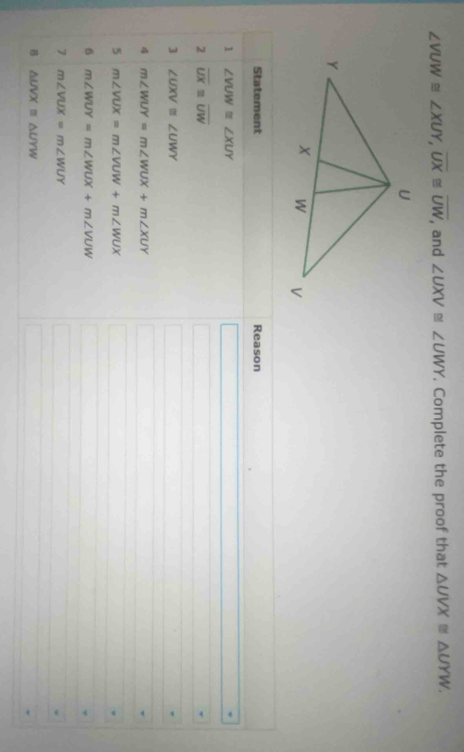 $\\angle vuw \\cong \\angle xuy$, $\\overline{ux} \\cong \\overline{uw}…