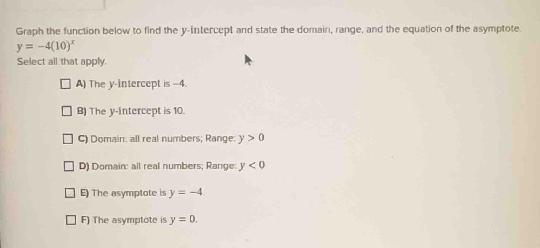 graph the function below to find the y-intercept and state the domain, …
