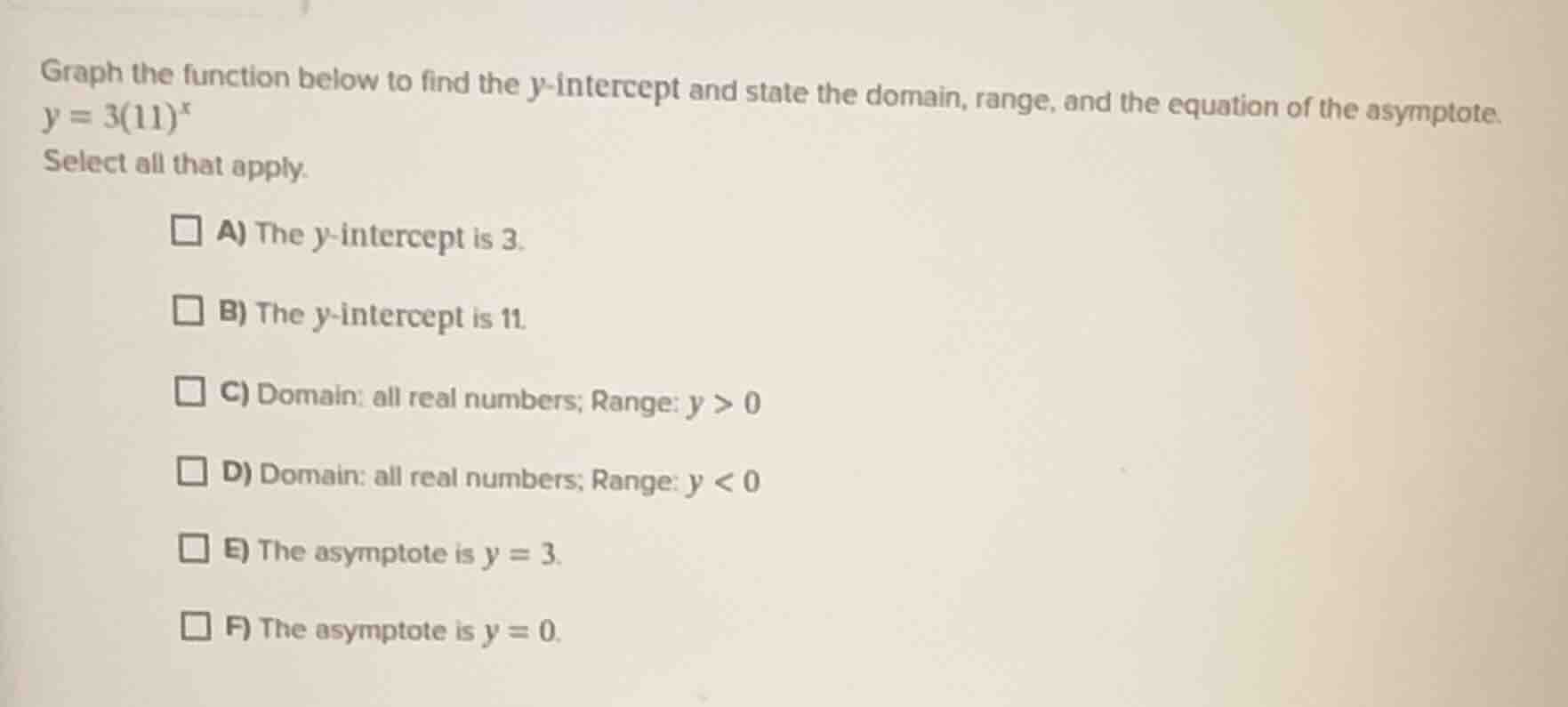 graph the function below to find the y-intercept and state the domain, …