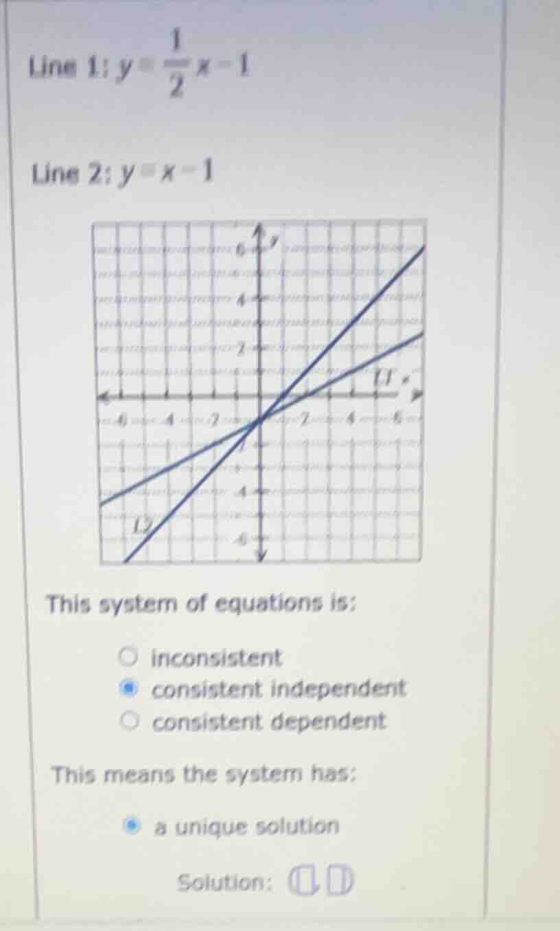 line 1: $y = \\frac{1}{2}x - 1$ line 2: $y = x - 1$ image of a coordina…