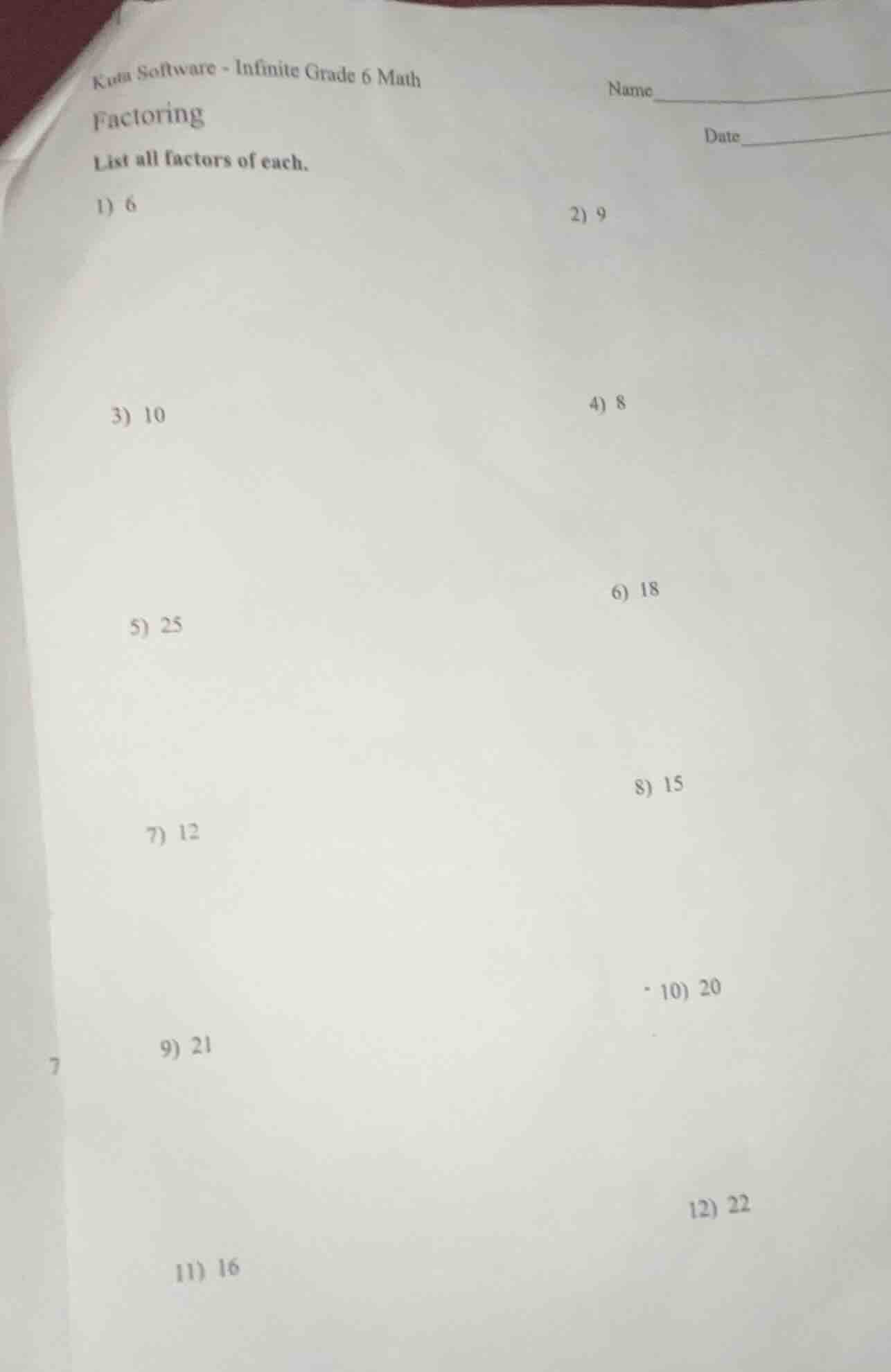 kuta software - infinite grade 6 math factoring list all factors of eac…