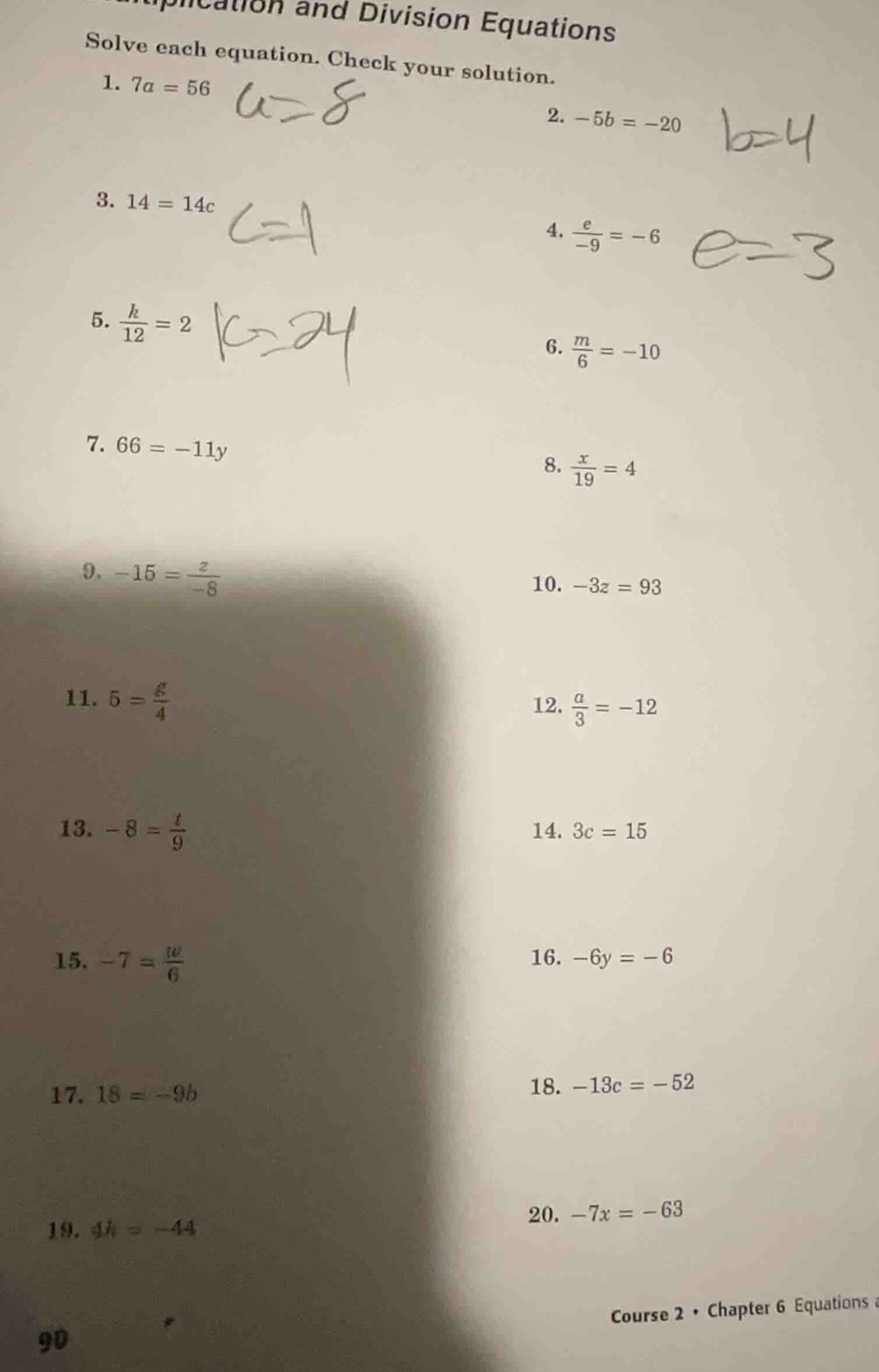 multiplication and division equations solve each equation. check your s…