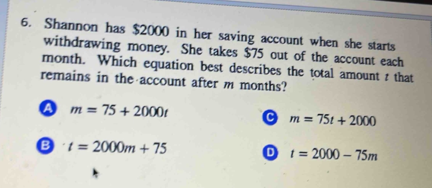 6. shannon has $2000 in her saving account when she starts withdrawing …