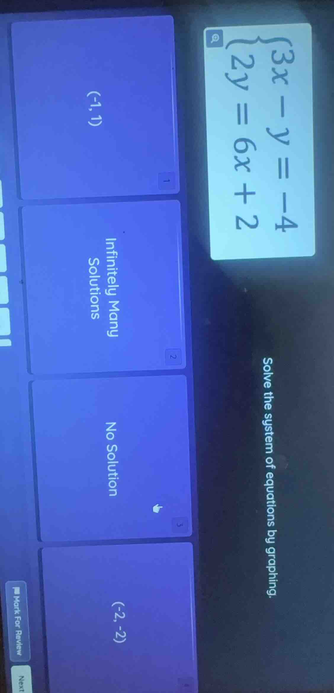solve the system of equations by graphing. \\begin{cases} 3x - y = -4 \…