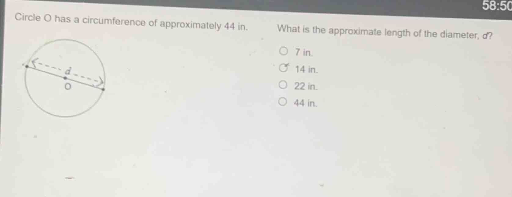 circle o has a circumference of approximately 44 in. what is the approx…