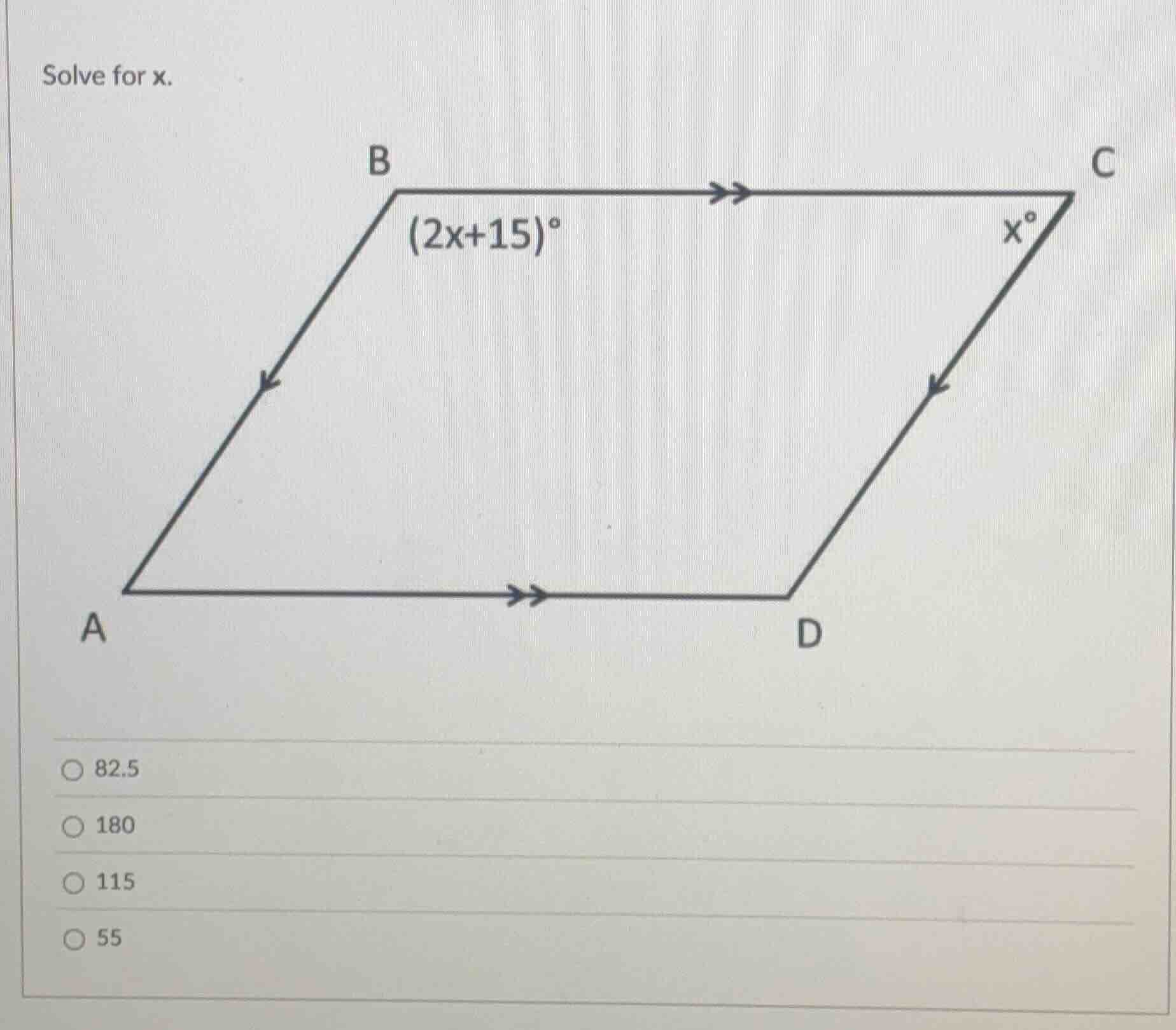 solve for x. options: 82.5, 180, 115, 55