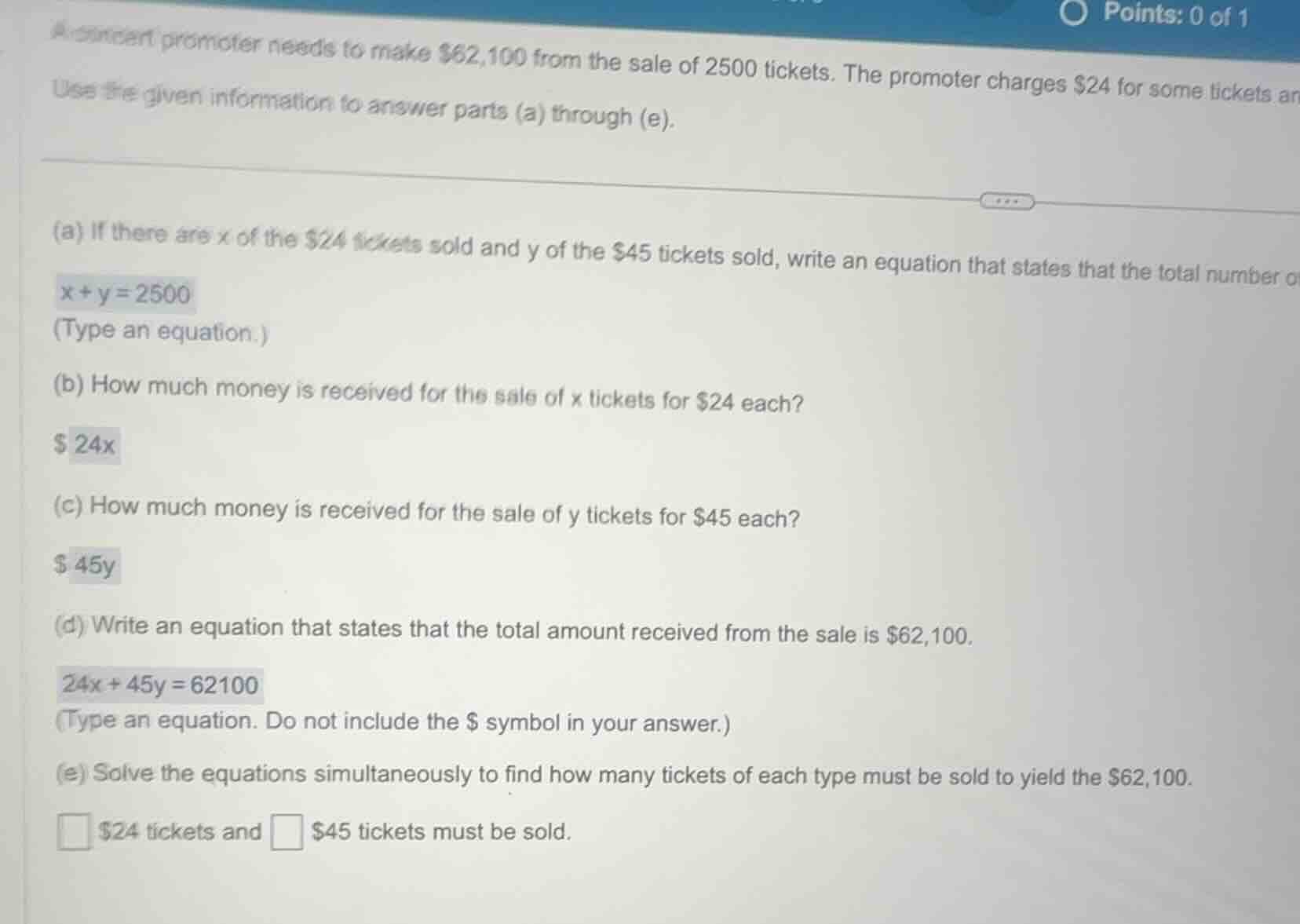 a concert promoter needs to make $62,100 from the sale of 2500 tickets.…
