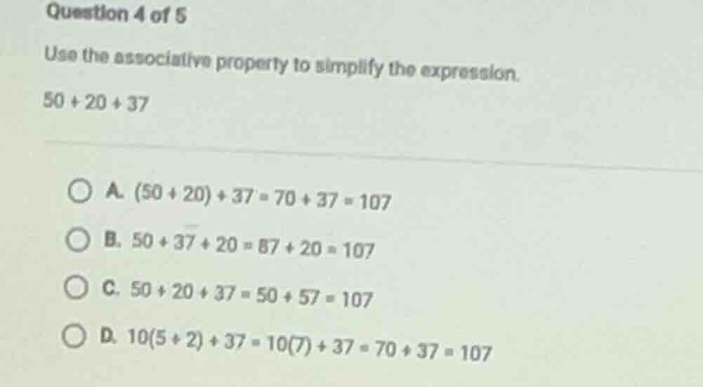 question 4 of 5 use the associative property to simplify the expression…