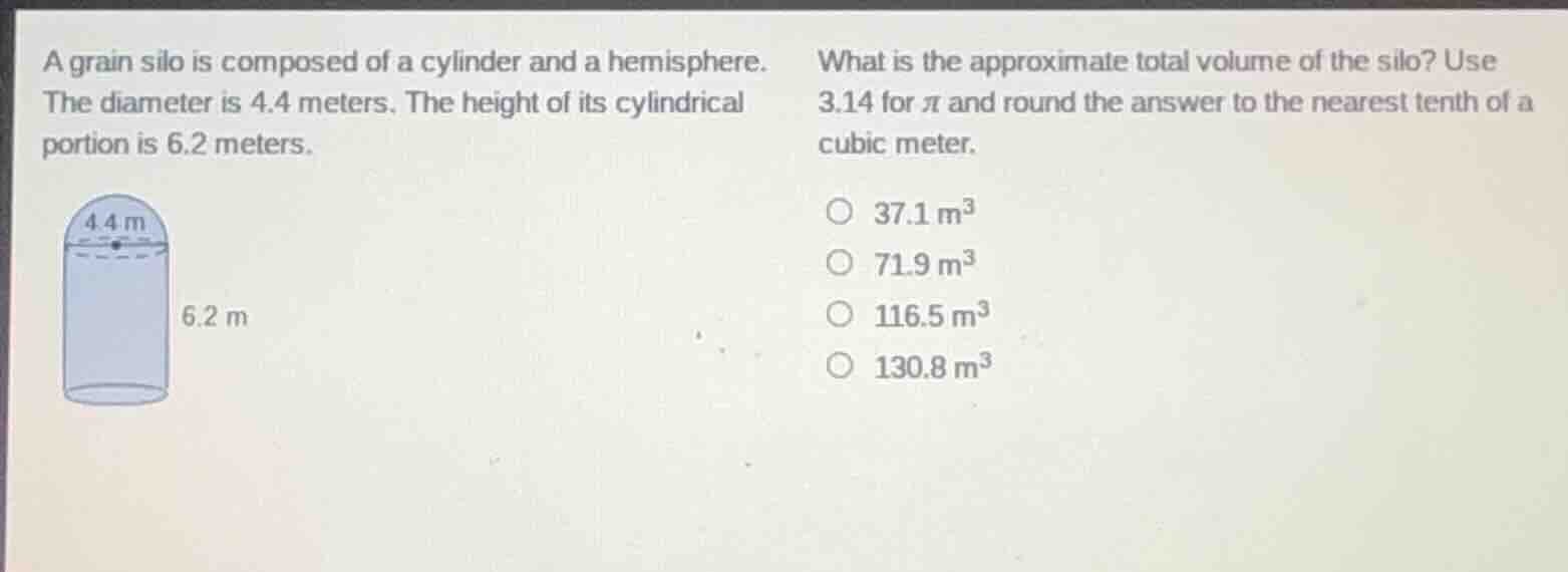 a grain silo is composed of a cylinder and a hemisphere. the diameter i…