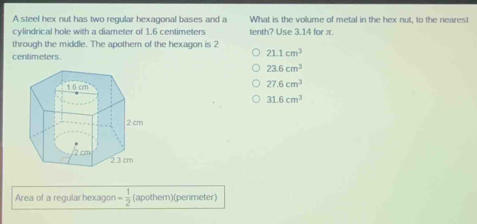 a steel hex nut has two regular hexagonal bases and a cylindrical hole …