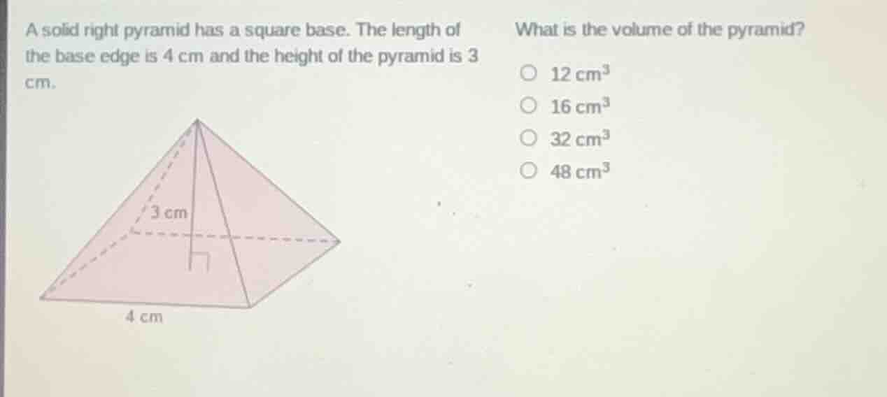 a solid right pyramid has a square base. the length of the base edge is…
