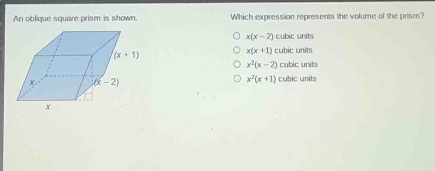 an oblique square prism is shown. which expression represents the volum…