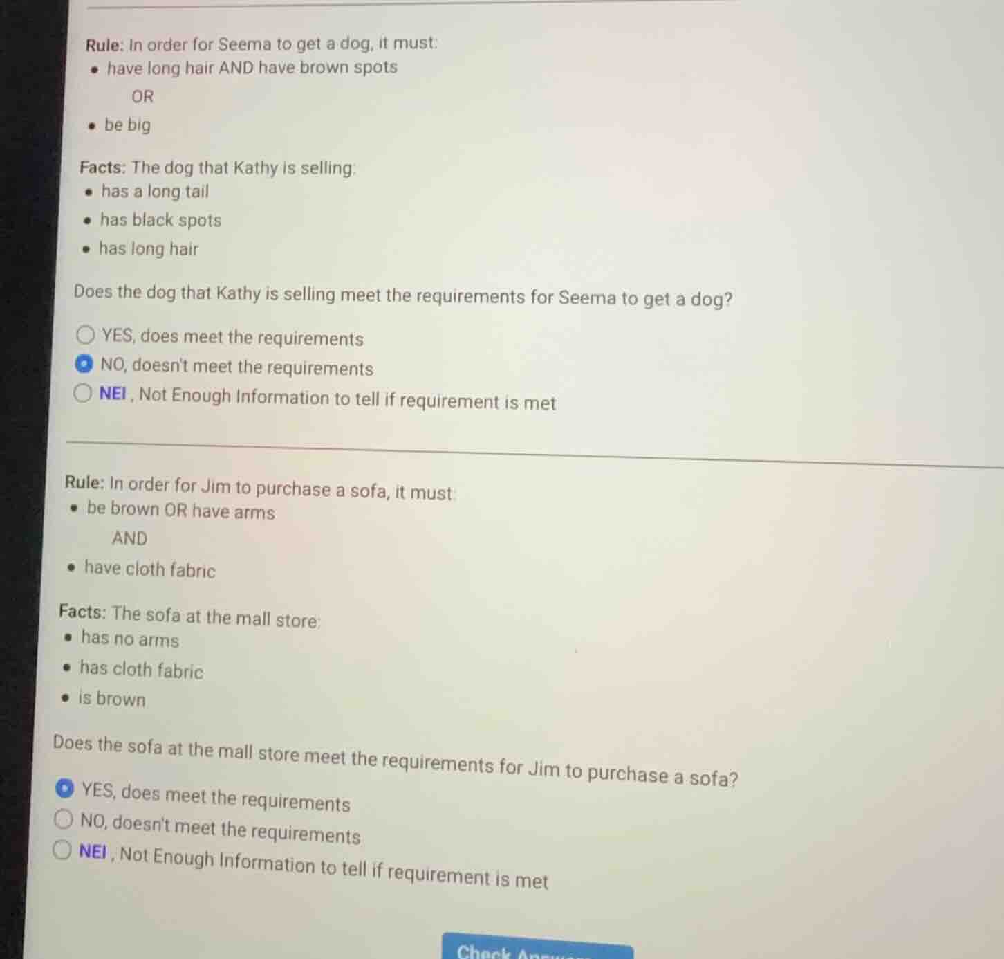 rule: in order for seema to get a dog, it must: - have long hair and ha…