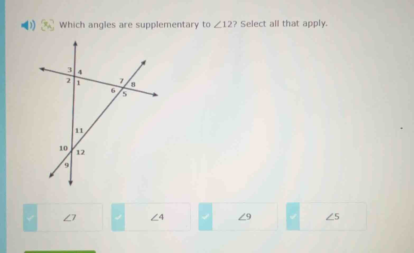which angles are supplementary to $\\angle 12$? select all that apply.