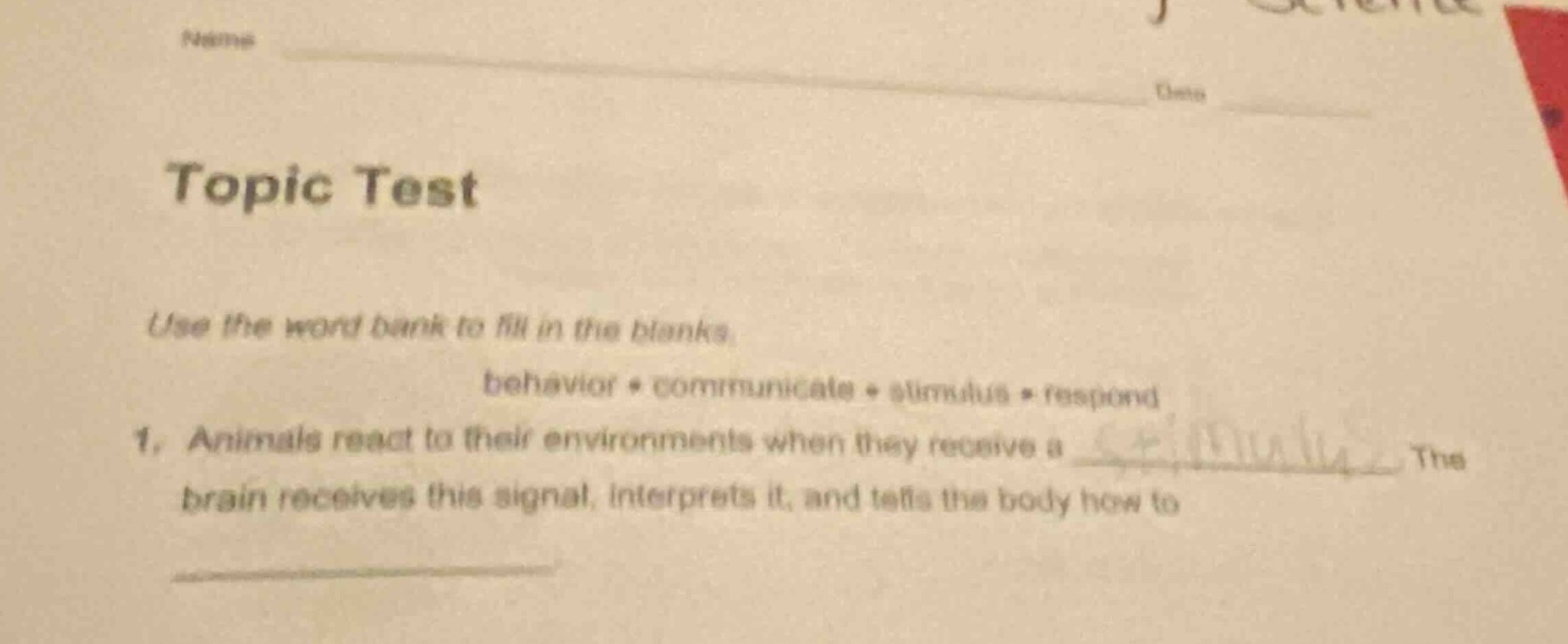 name date topic test use the word bank to fill in the blanks. behavior …