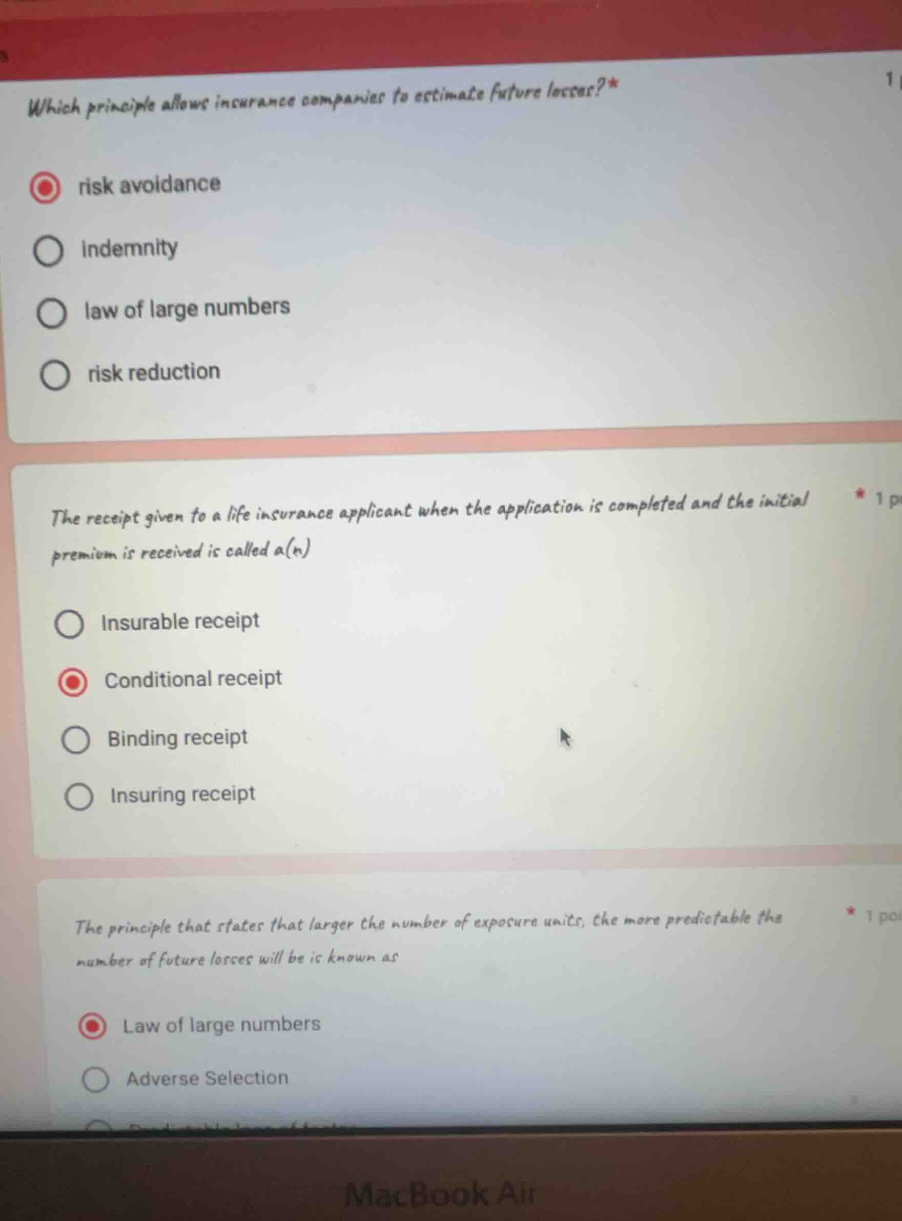 which principle allows insurance companies to estimate future losses?* …