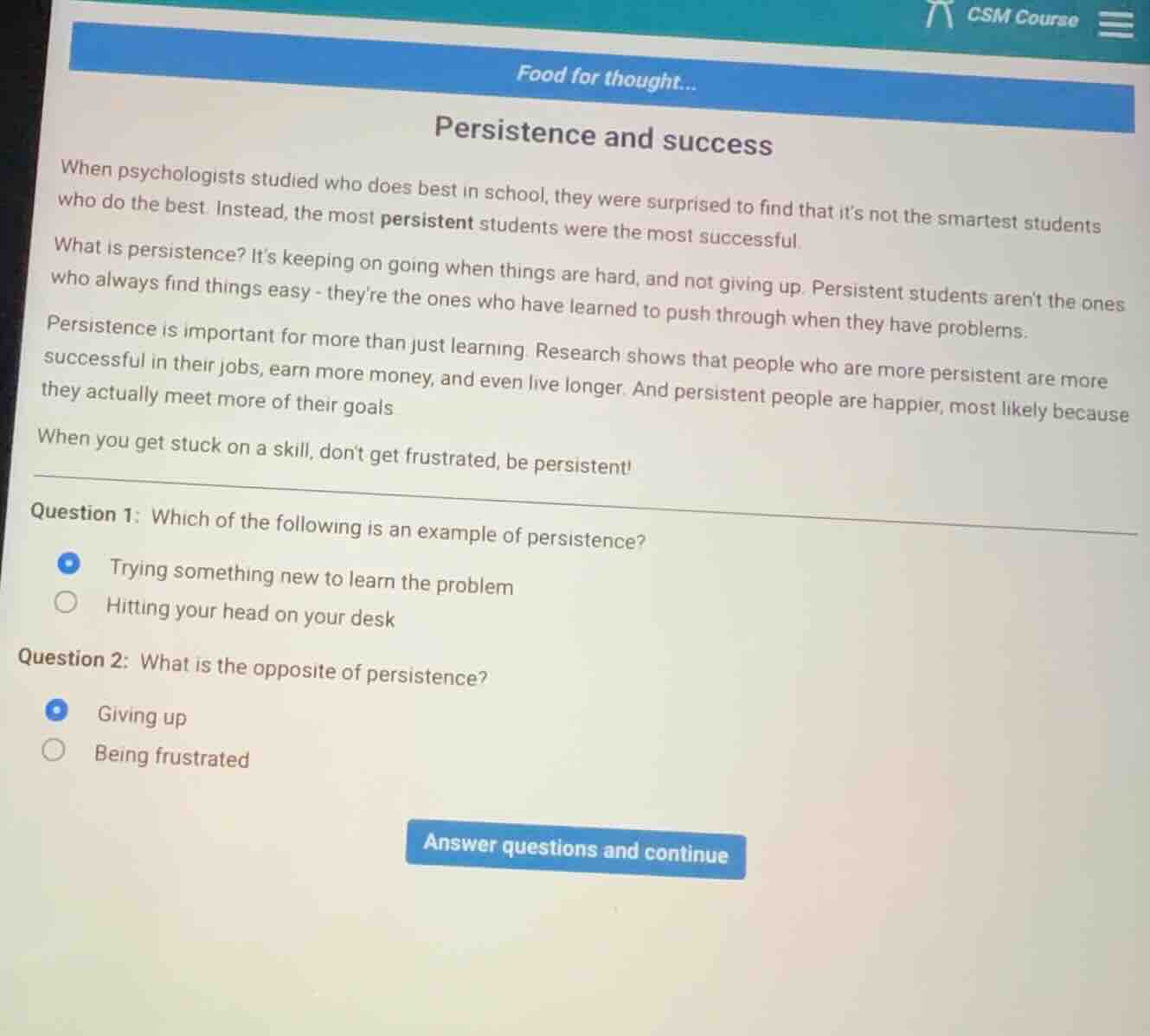 food for thought... persistence and success when psychologists studied …