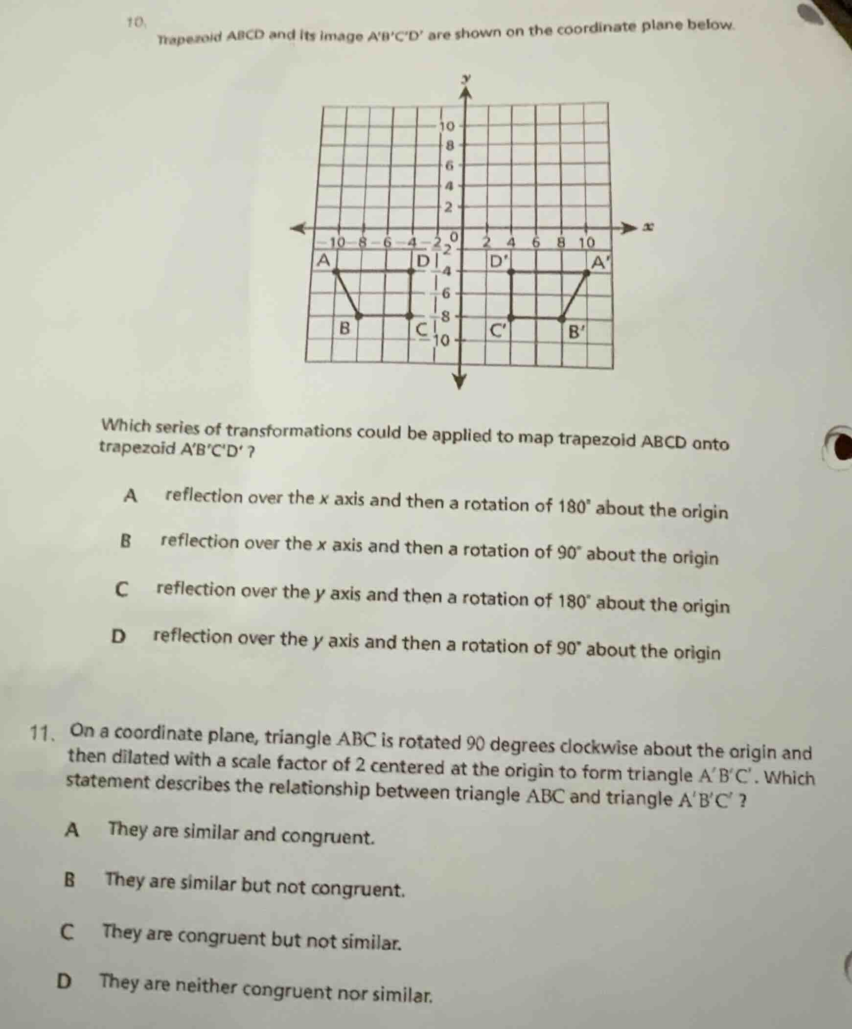 10. trapezoid abcd and its image abcd are shown on the coordinate plane…