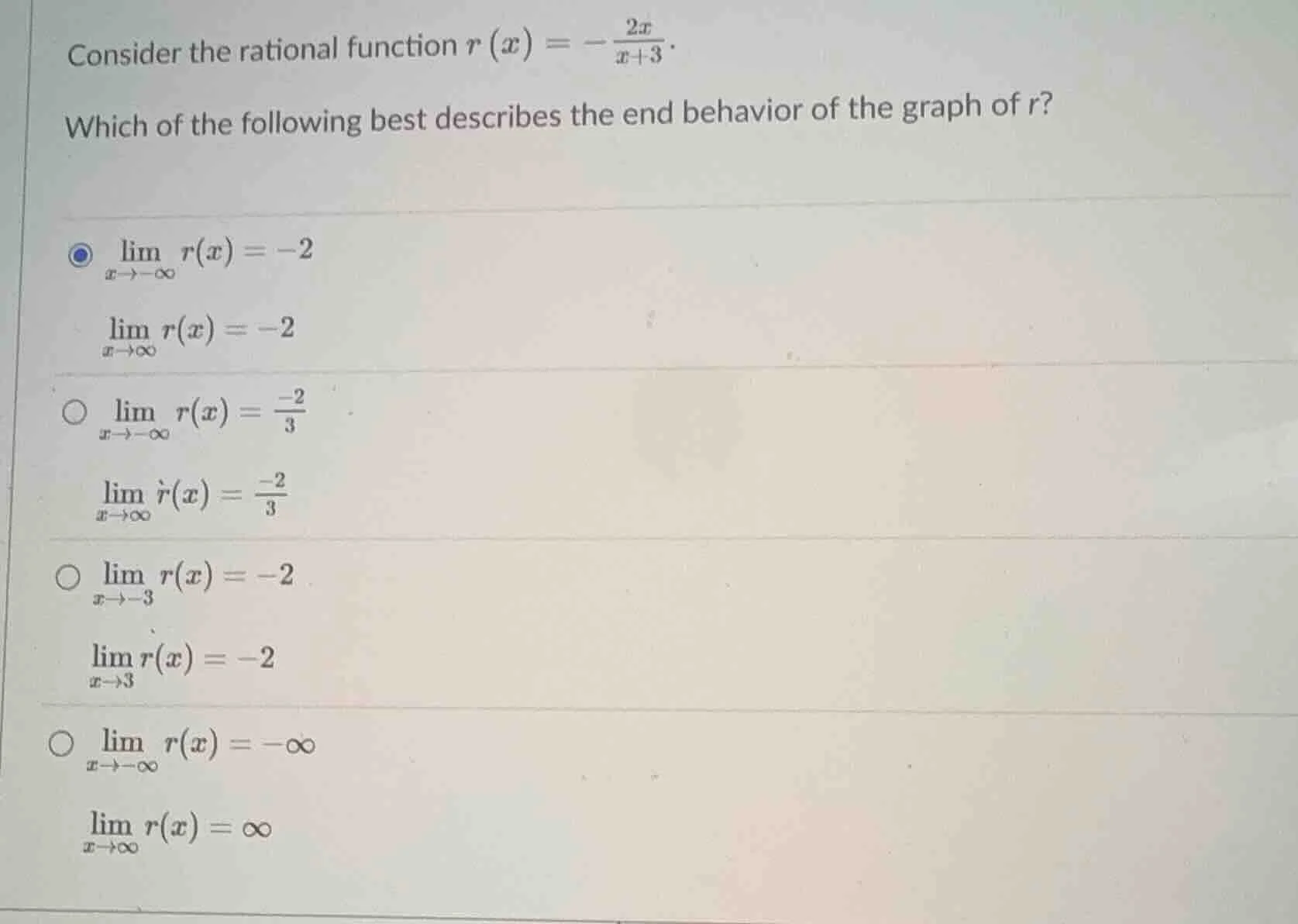 consider the rational function $r(x)=-\frac{2x}{x + 3}$. which of the f…