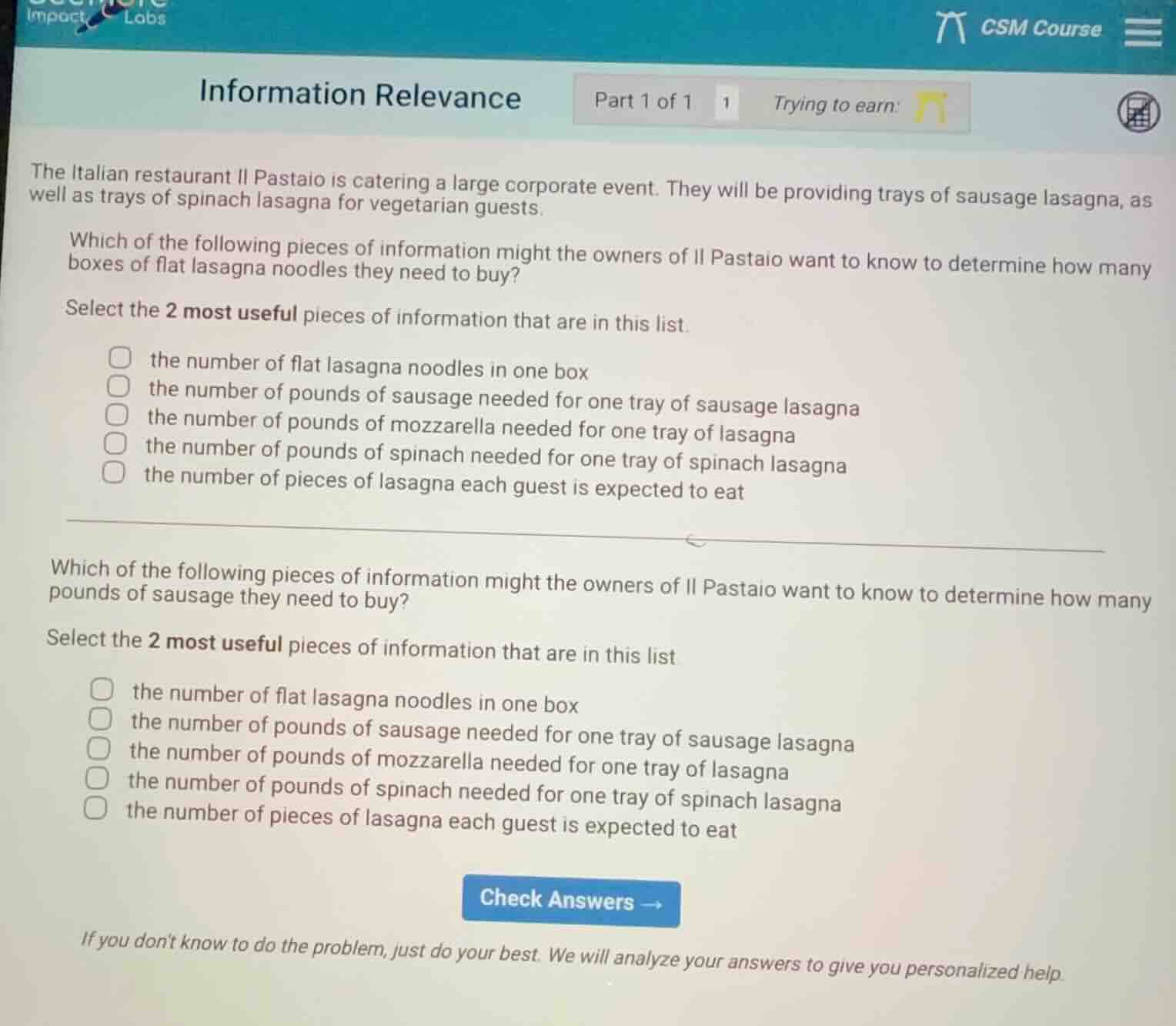 information relevance part 1 of 1 1 trying to earn: the italian restaur…