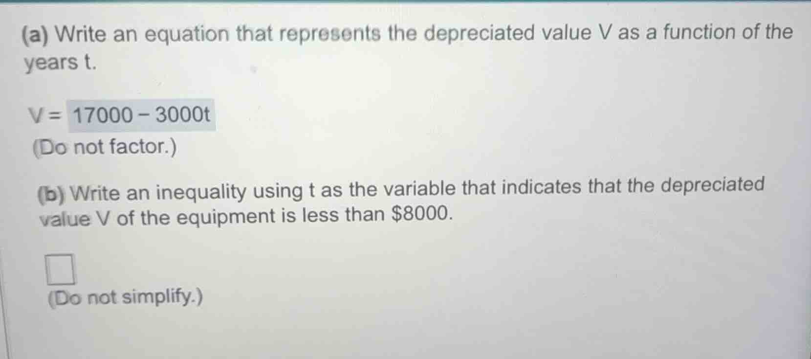 (a) write an equation that represents the depreciated value v as a func…
