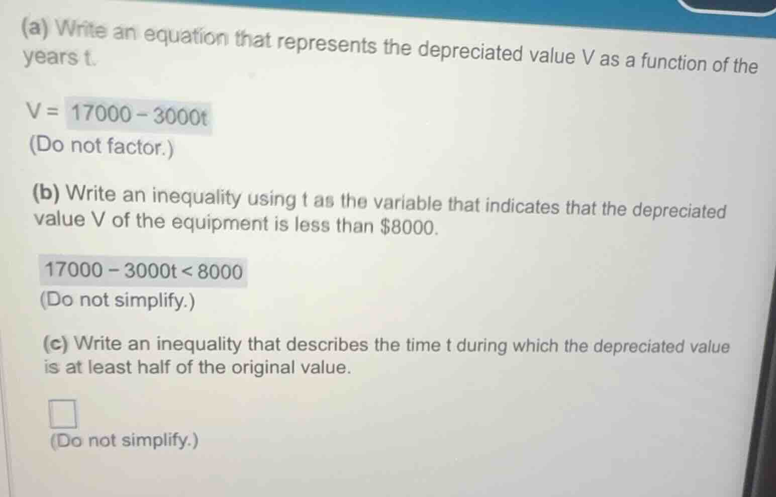 (a) write an equation that represents the depreciated value v as a func…