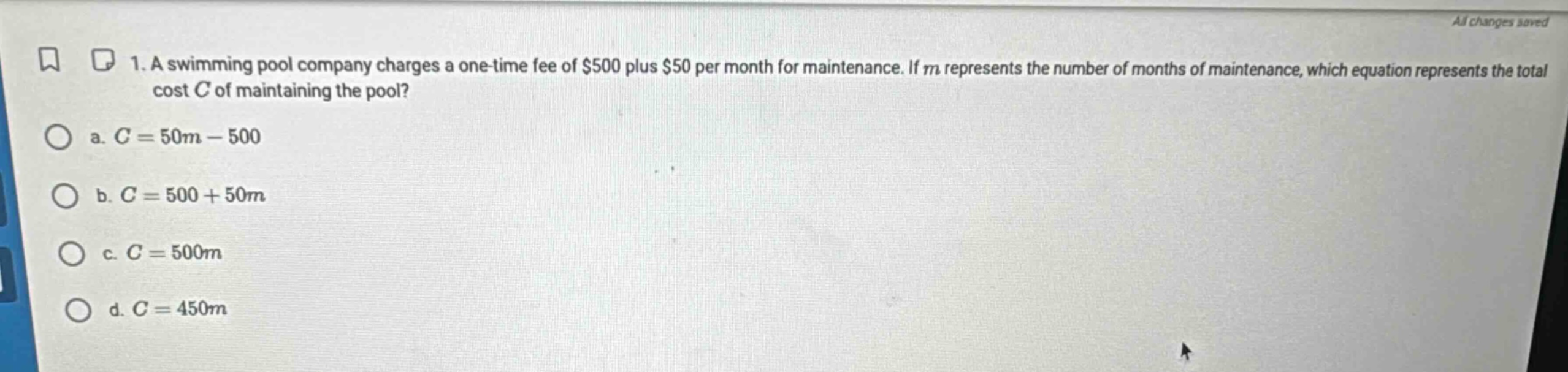 1. a swimming pool company charges a one - time fee of $500 plus $50 pe…