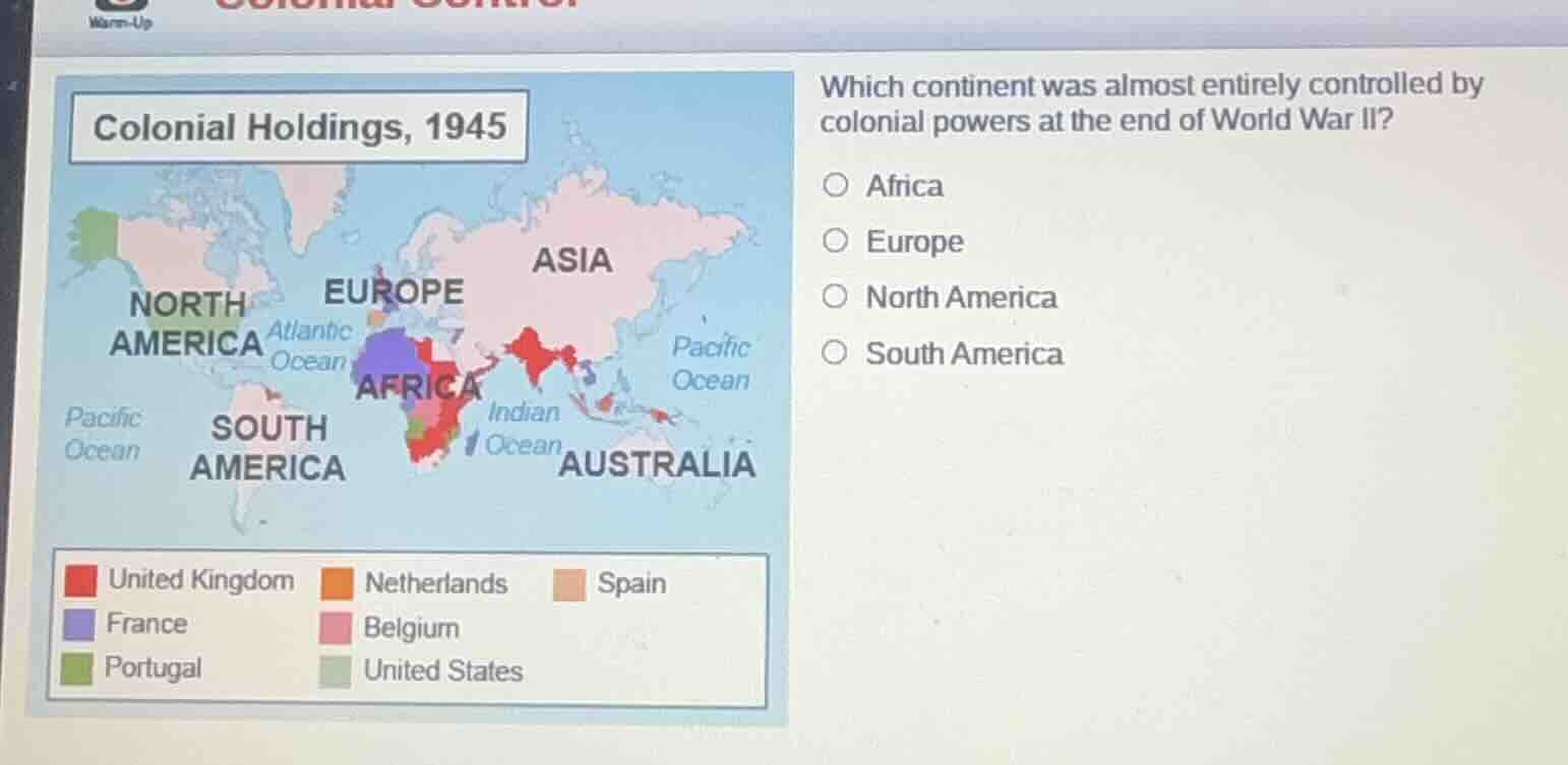 colonial holdings, 1945 which continent was almost entirely controlled …