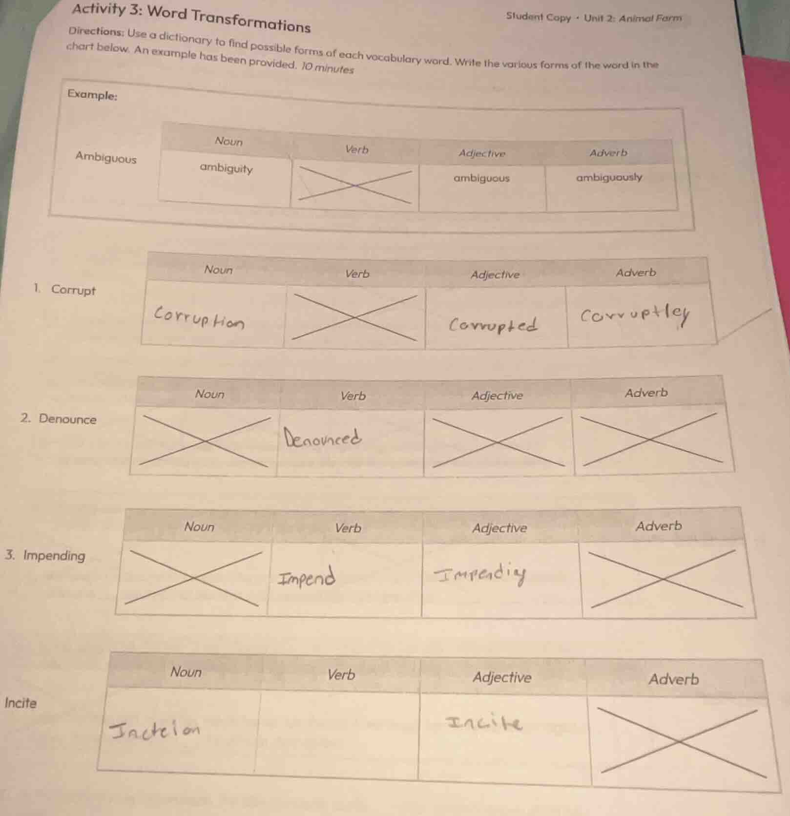 activity 3: word transformations student copy · unit 2: animal farm dir…