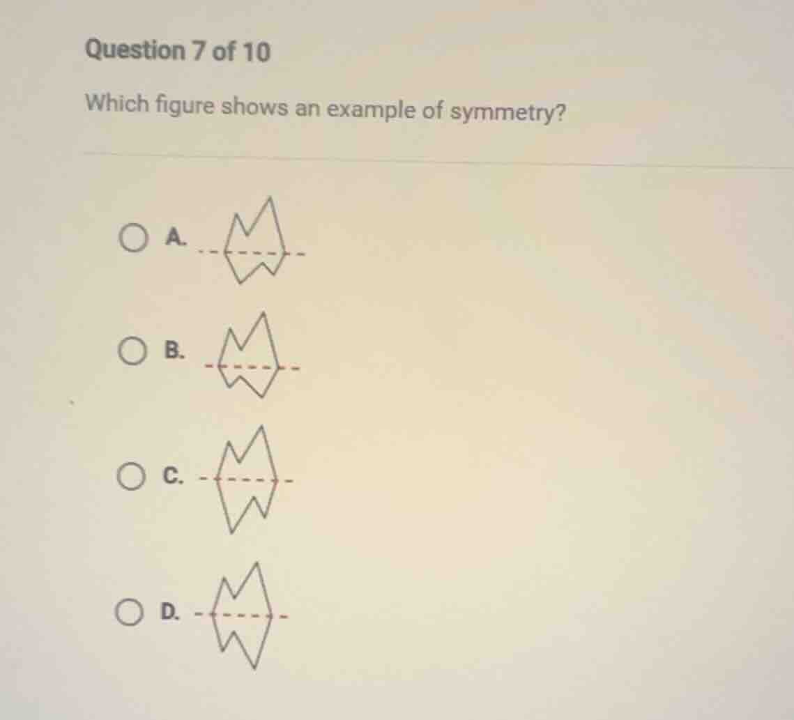question 7 of 10 which figure shows an example of symmetry? a. b. c. d.
