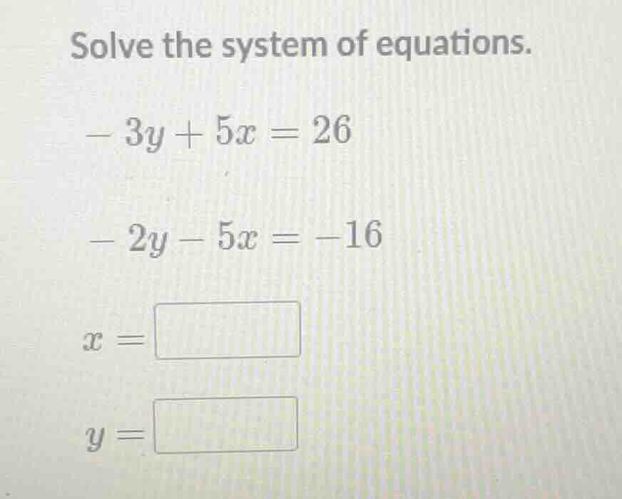 solve the system of equations. - 3y + 5x = 26 - 2y - 5x = -16 x = y =