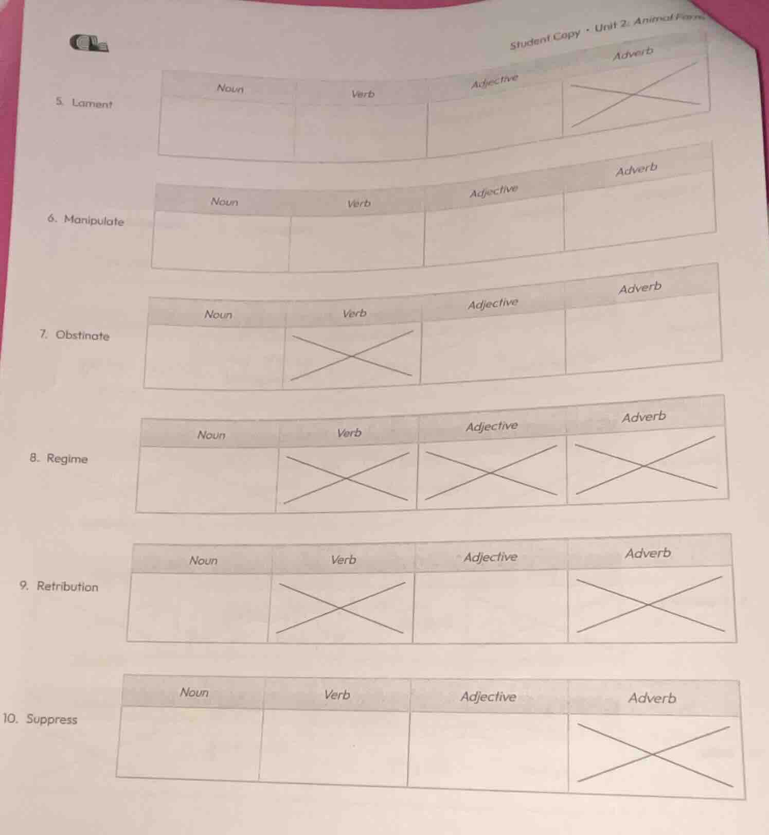 5. lament noun verb adjective adverb 6. manipulate noun verb adjective …
