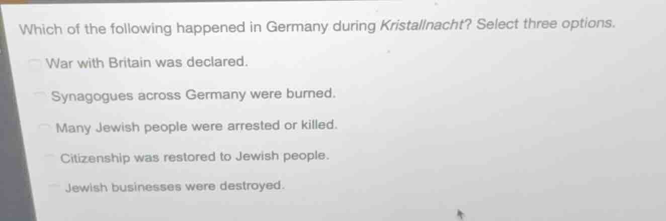 which of the following happened in germany during kristallnacht? select…
