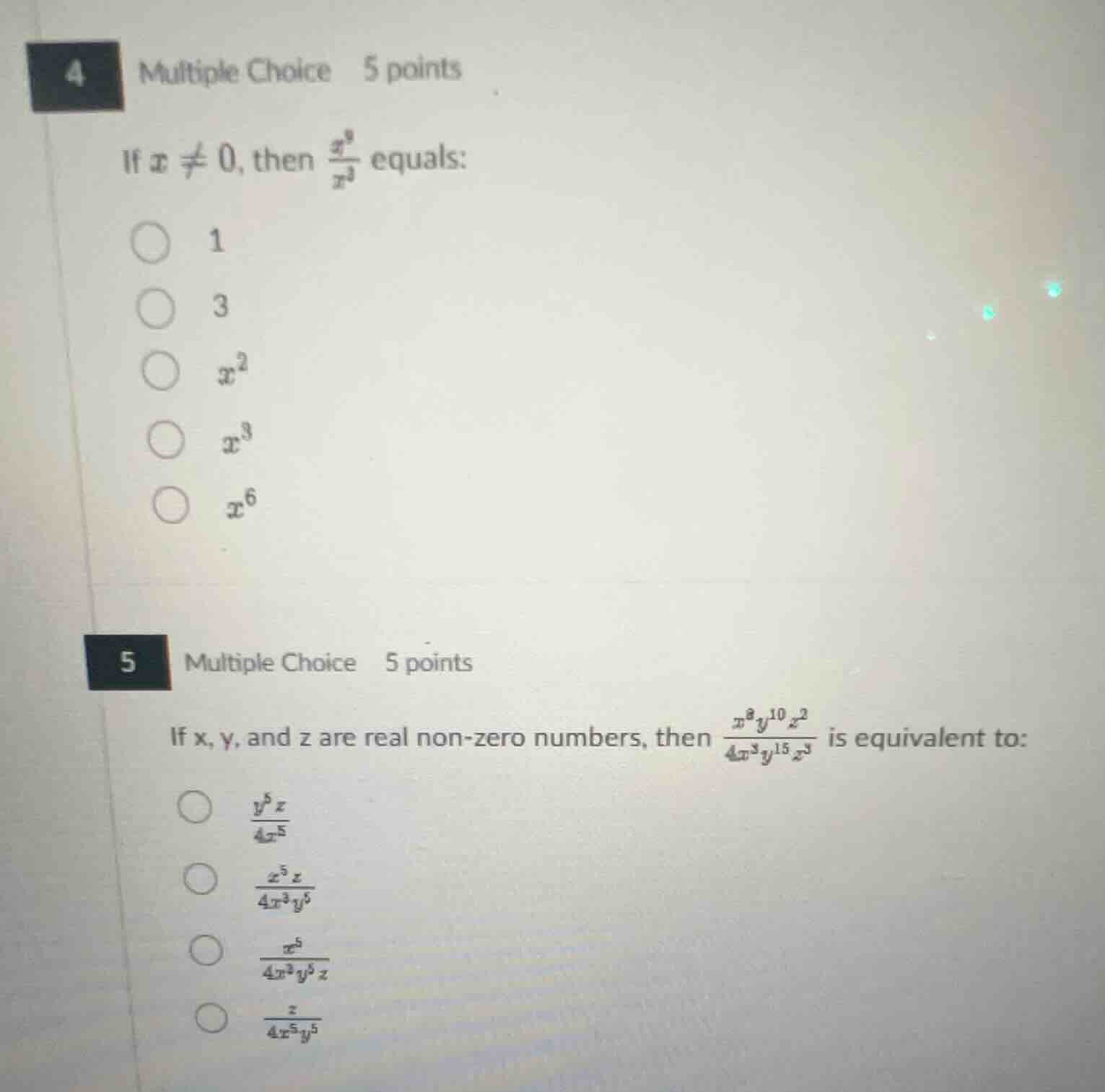 4 multiple choice 5 points if ( x eq 0 ), then ( \frac{x^9}{x^3} ) equa…