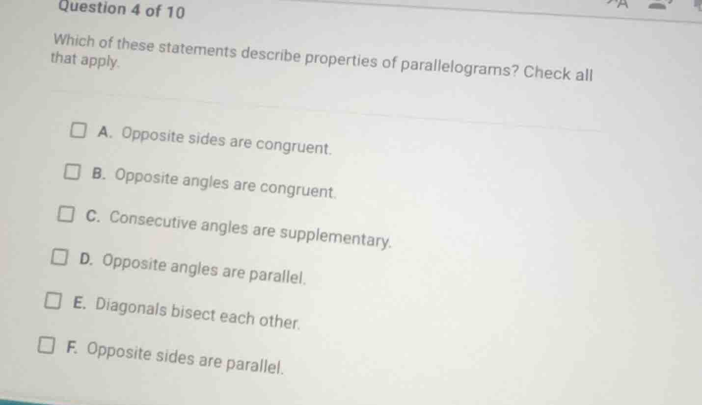 question 4 of 10 which of these statements describe properties of paral…