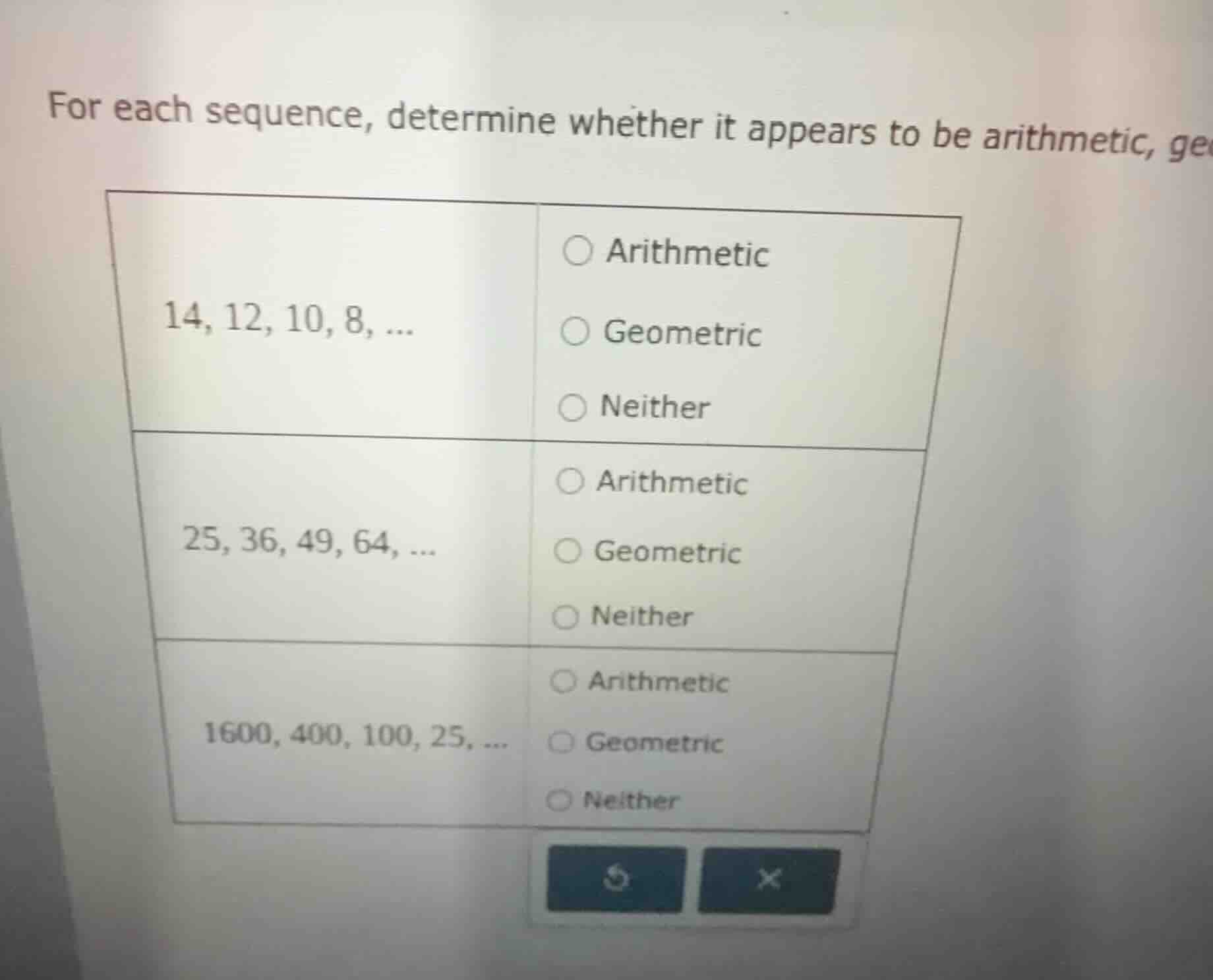 for each sequence, determine whether it appears to be arithmetic, ge 14…