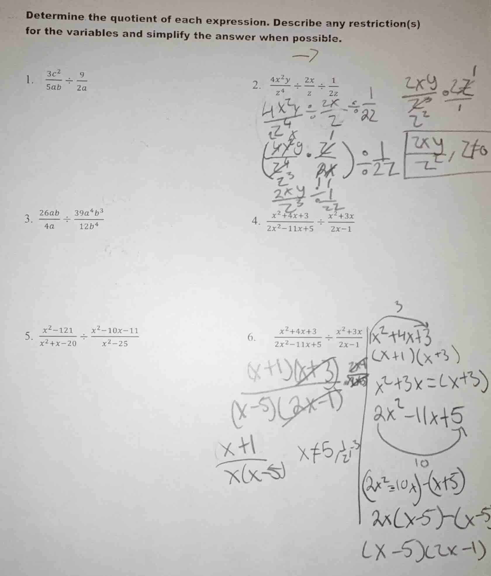 determine the quotient of each expression. describe any restriction(s) …