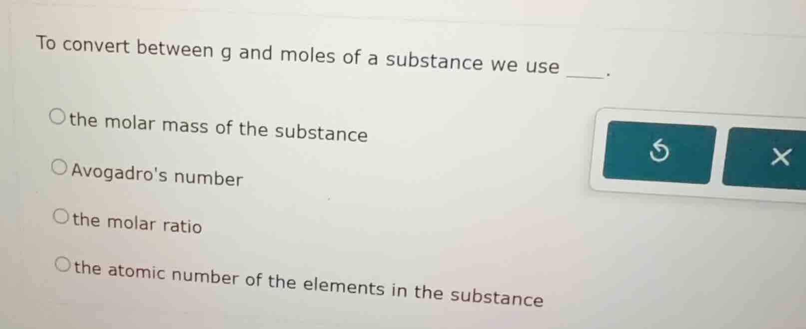 to convert between g and moles of a substance we use ____. the molar ma…